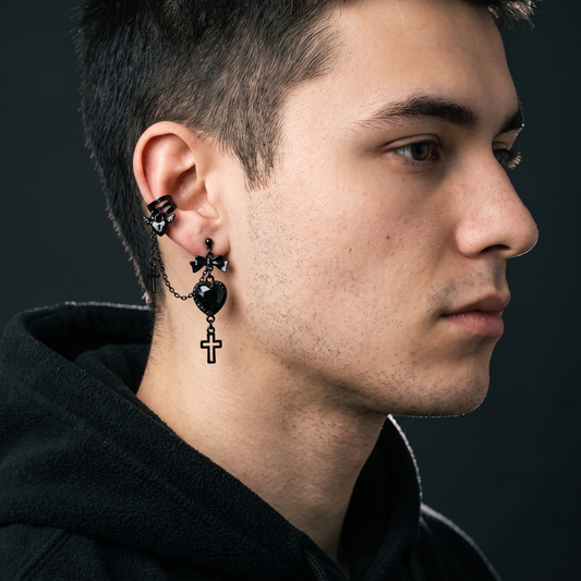 Gothic heart cross ear cuff worn, second angle