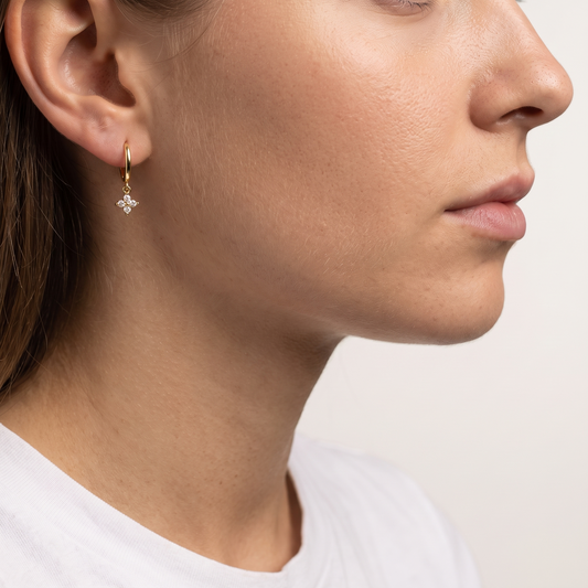 Crystal flower drop earrings worn, second angle