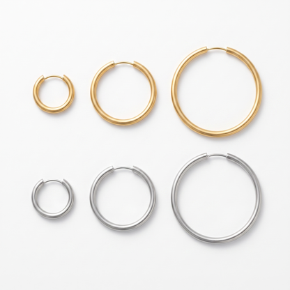 Circle hoops shown in six sizes, gold and silver