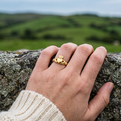 Irish Claddagh ring worn, front view