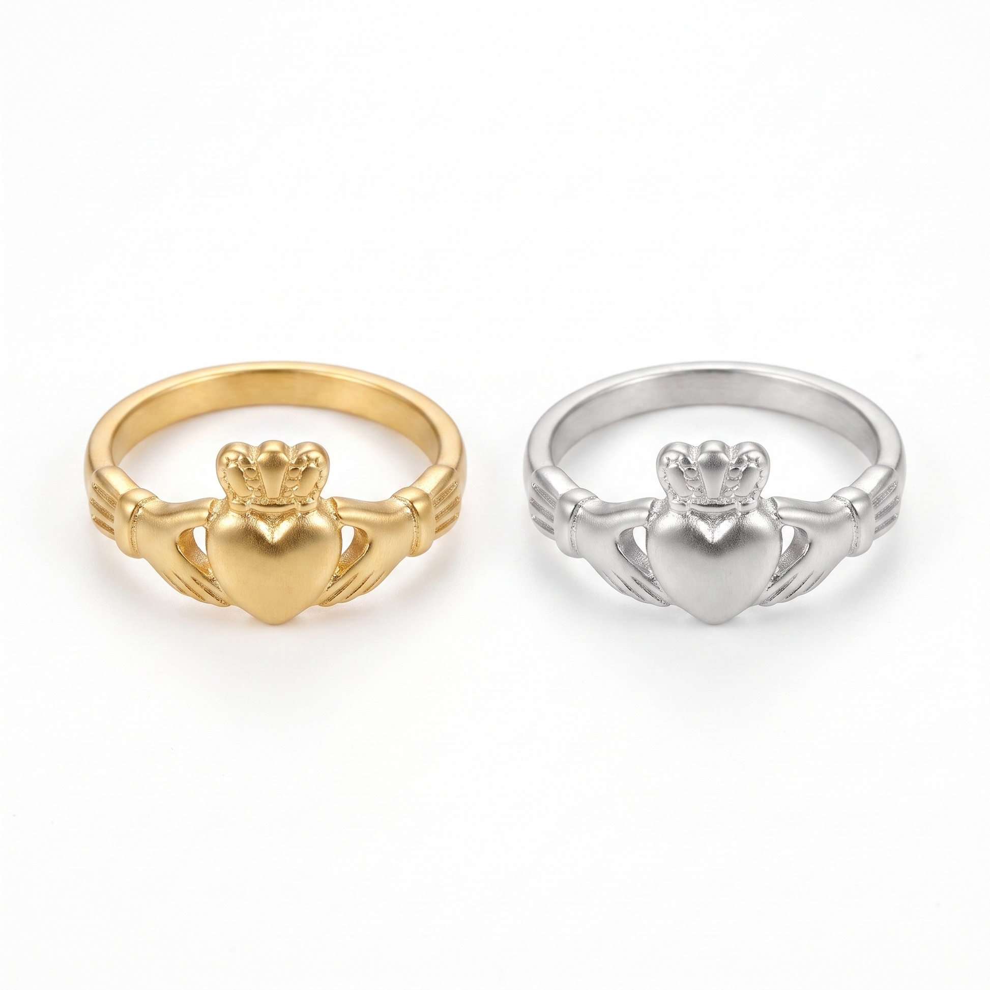 Claddagh ring shown in gold and silver