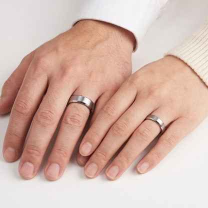 Tungsten wedding bands worn, front view
