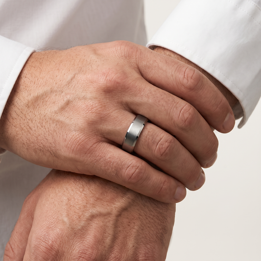 Tungsten wedding band worn, second angle