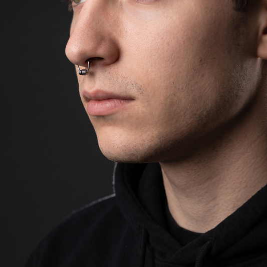 Faux septum hoop worn, profile view