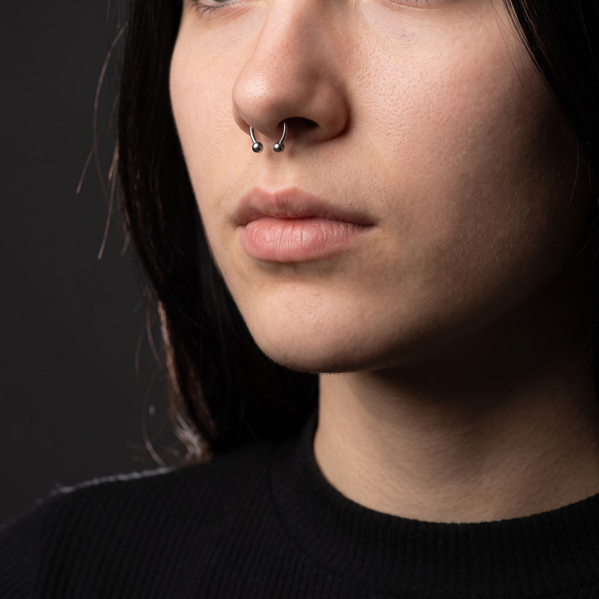 Faux magnetic septum hoop worn, front view