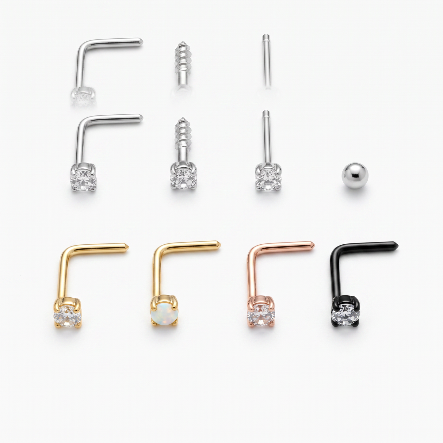 Eight nose stud variants laid out