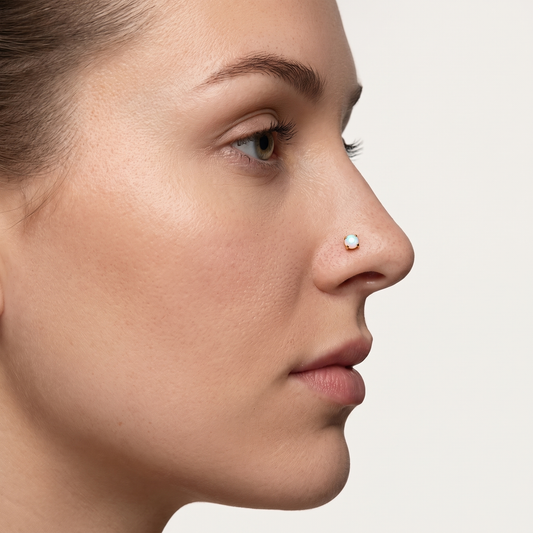Opal nose stud worn, profile view