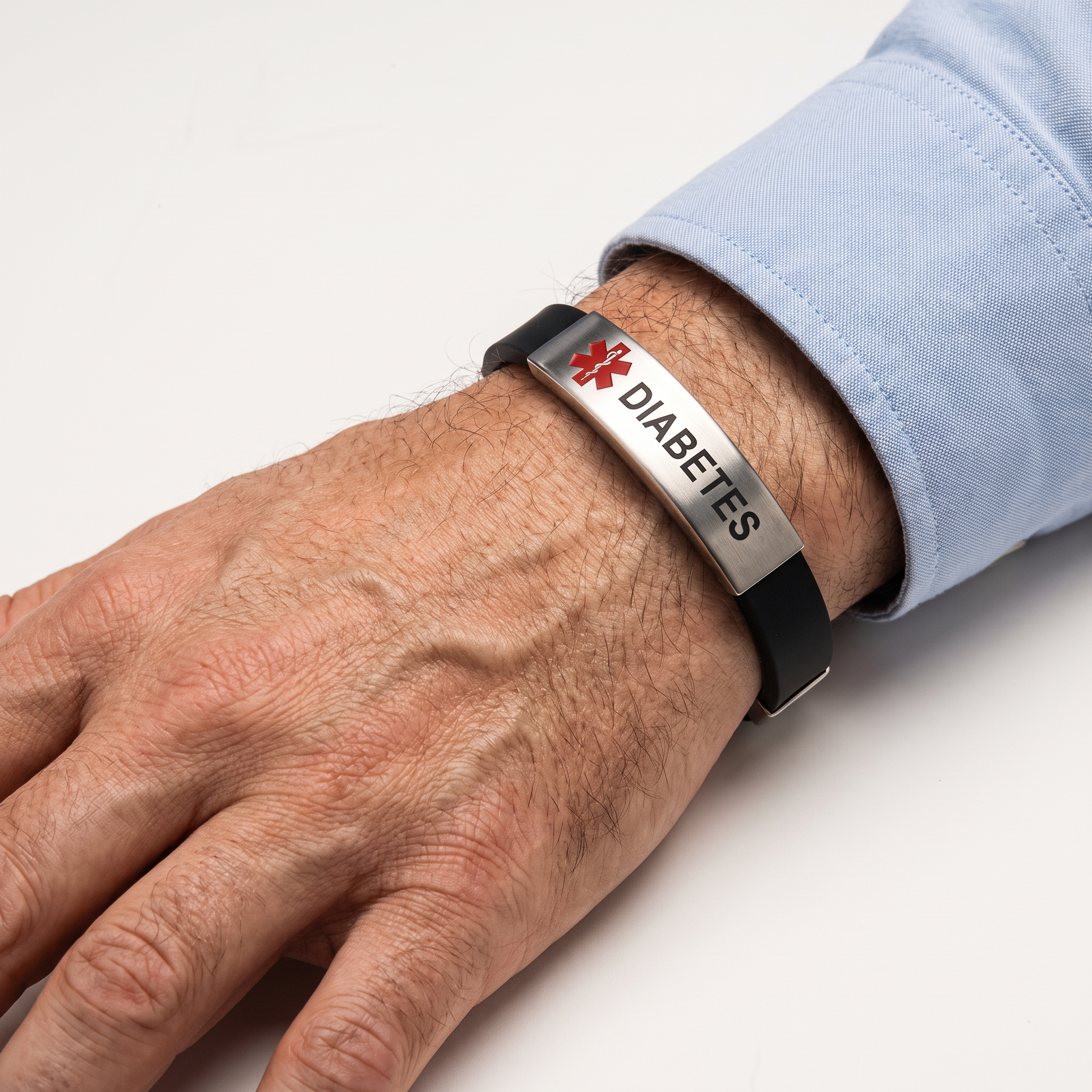 Medical alert bracelet worn, front view
