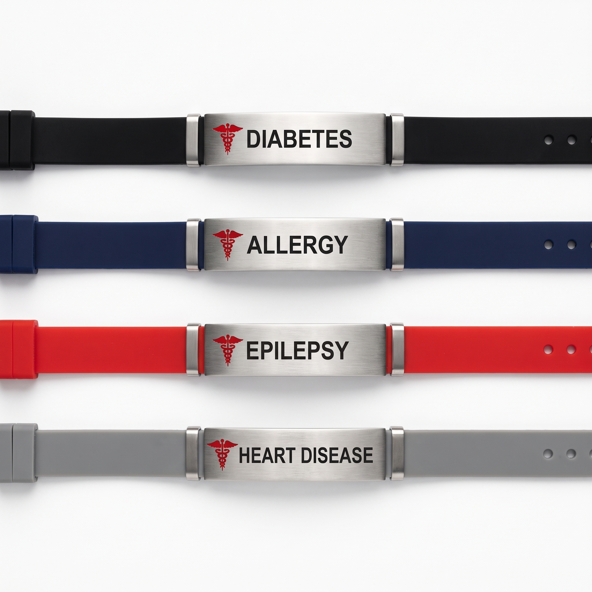 Medical alert bracelet shown in black, navy, red, grey