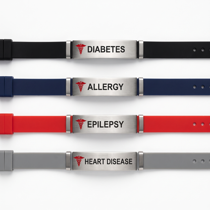 Medical alert bracelet shown in black, navy, red, grey