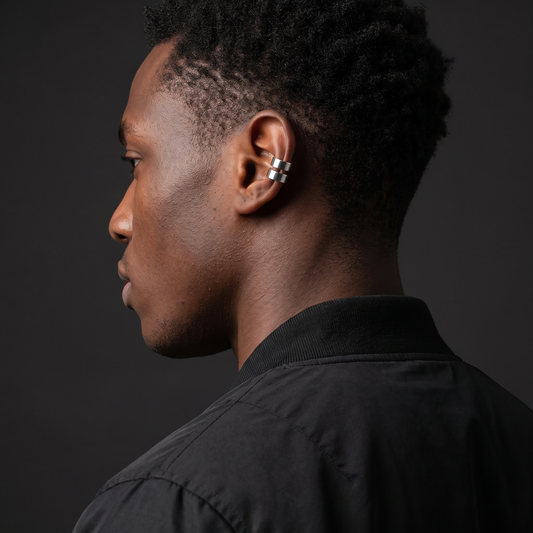 Long tube U-shaped ear cuff worn, second angle