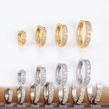 CZ huggie hoop shown in four sizes, gold and silver