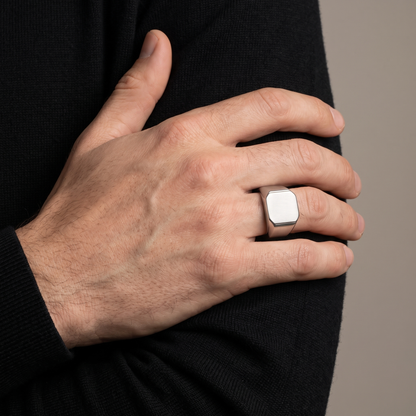 Brushed square signet ring worn, front view