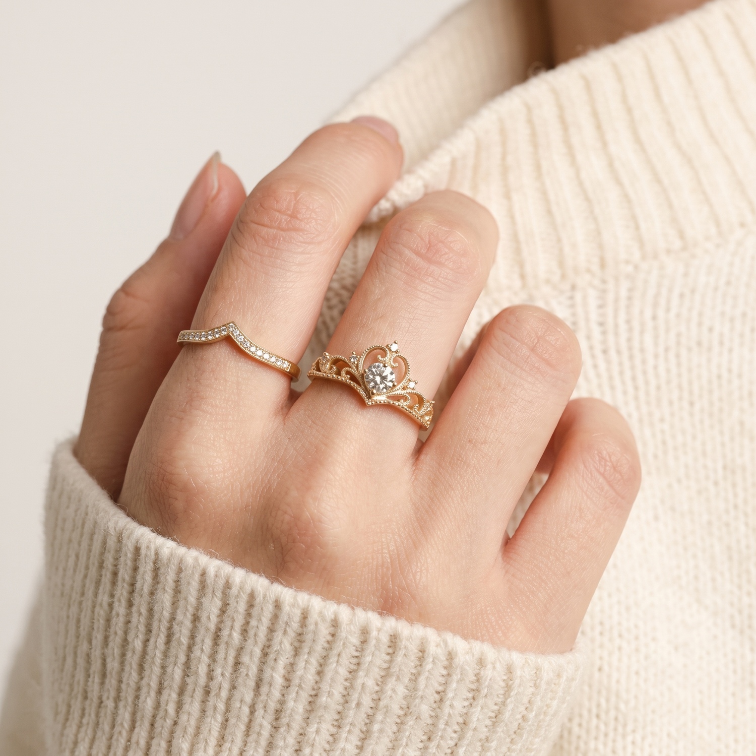 Crystal crown ring set worn, second angle