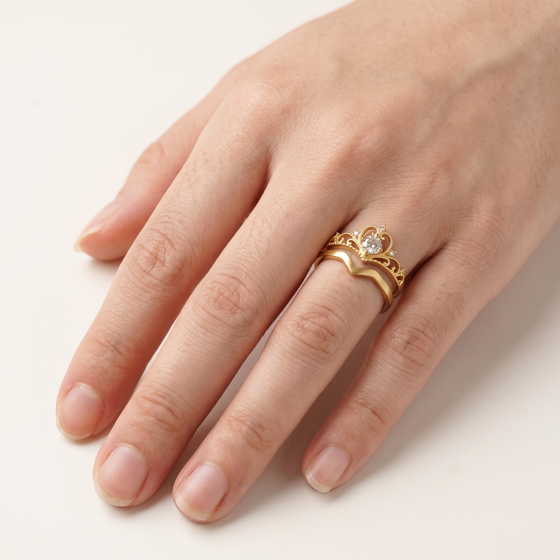 Crystal crown ring set worn, front view
