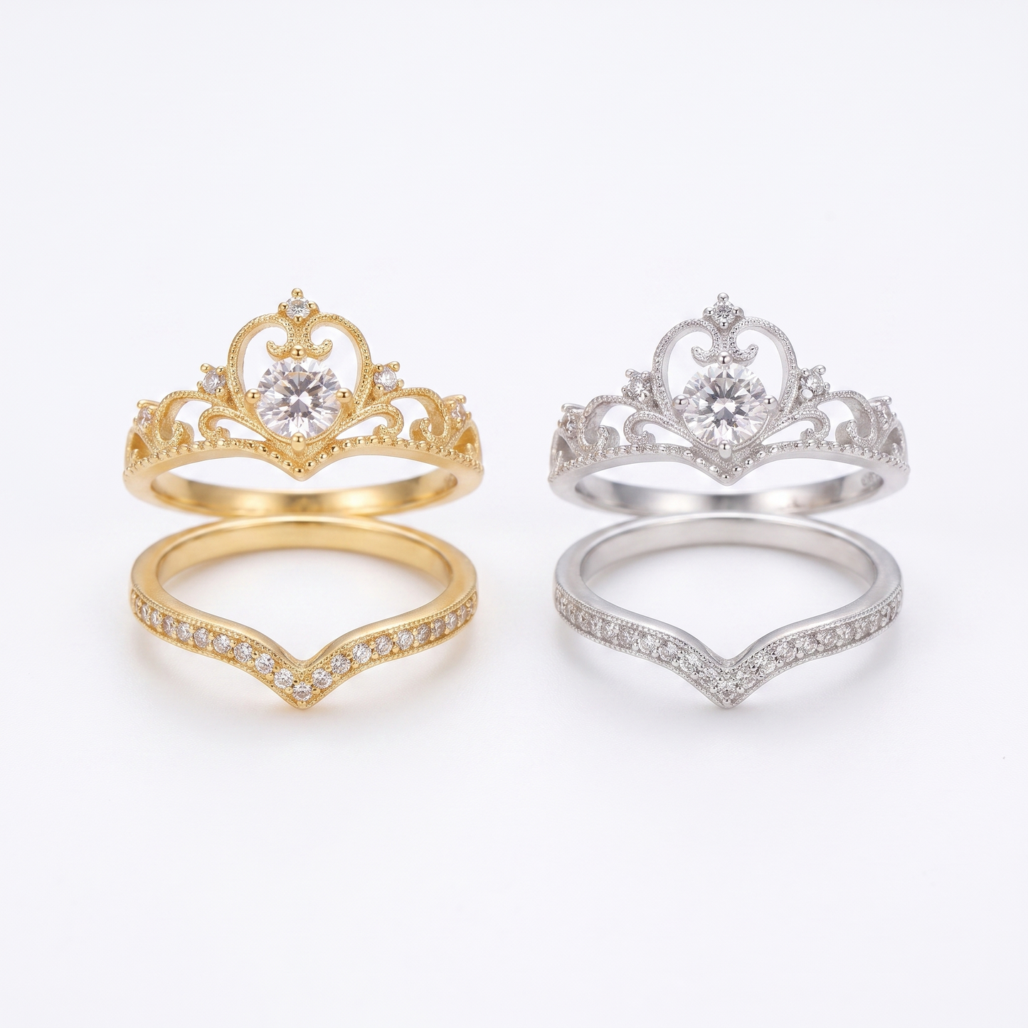 Crown ring set shown in gold and silver