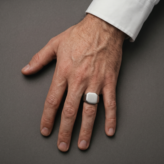 Brushed square signet ring worn, second angle