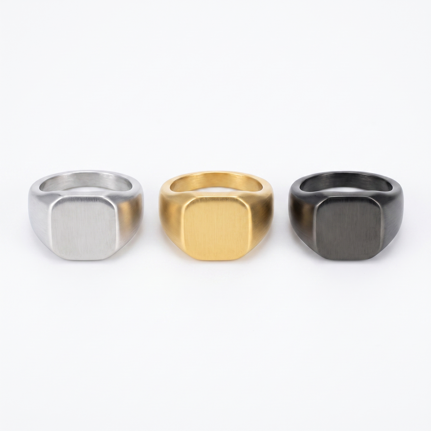 Square signet ring shown in silver, gold, gunmetal