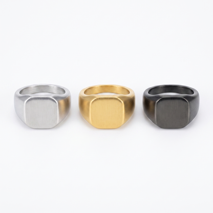 Square signet ring shown in silver, gold, gunmetal