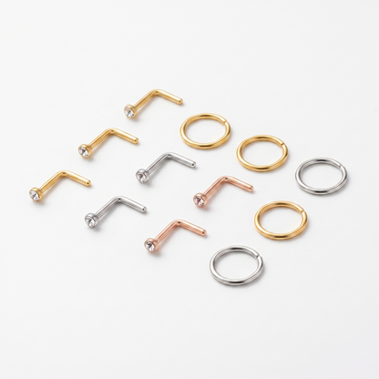 Assorted nose studs and hoops product shot