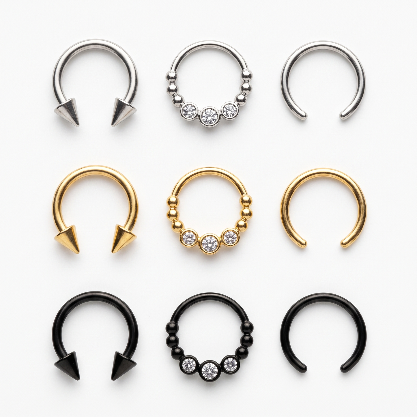 Horseshoe septum sets in silver, gold and black