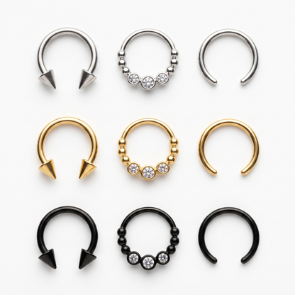 Horseshoe septum sets in silver, gold and black