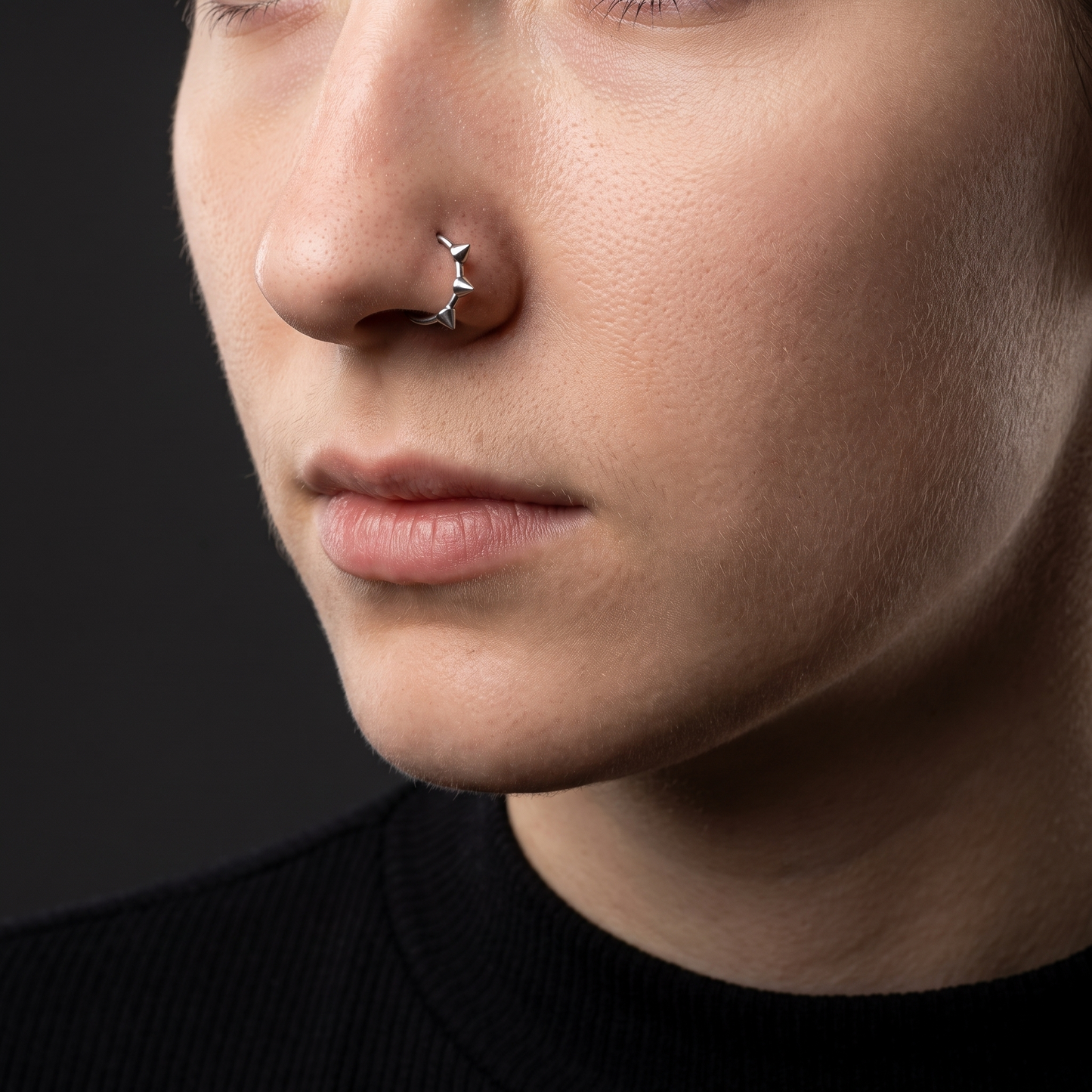 Clip-on nose wrap hoop worn, front view