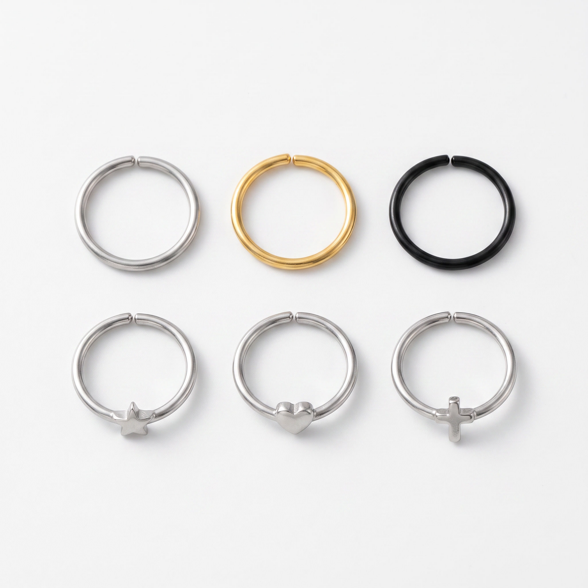Clip-on nose wrap hoops in six styles