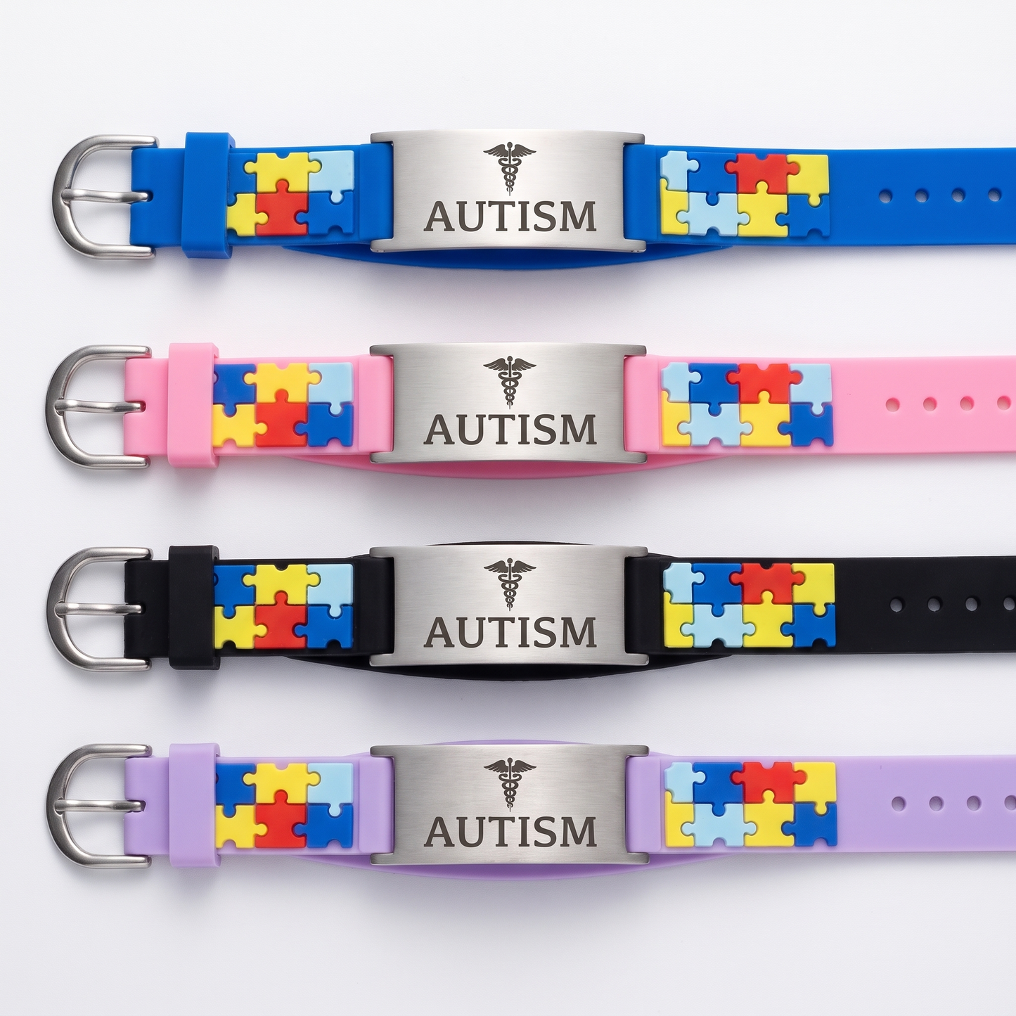 Autism ID bracelet shown in four band colors