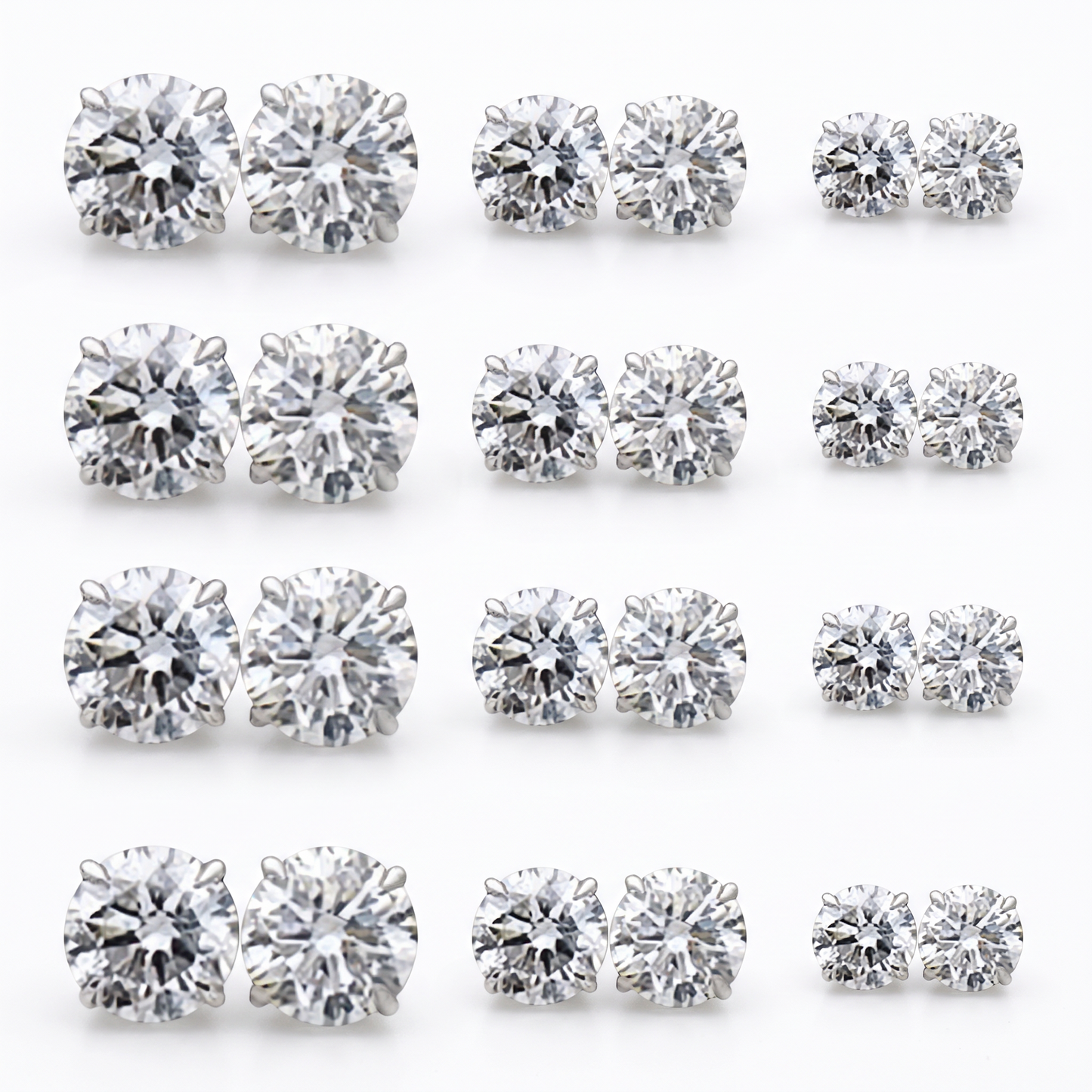 Zircon stud set shown as all twelve pairs by size