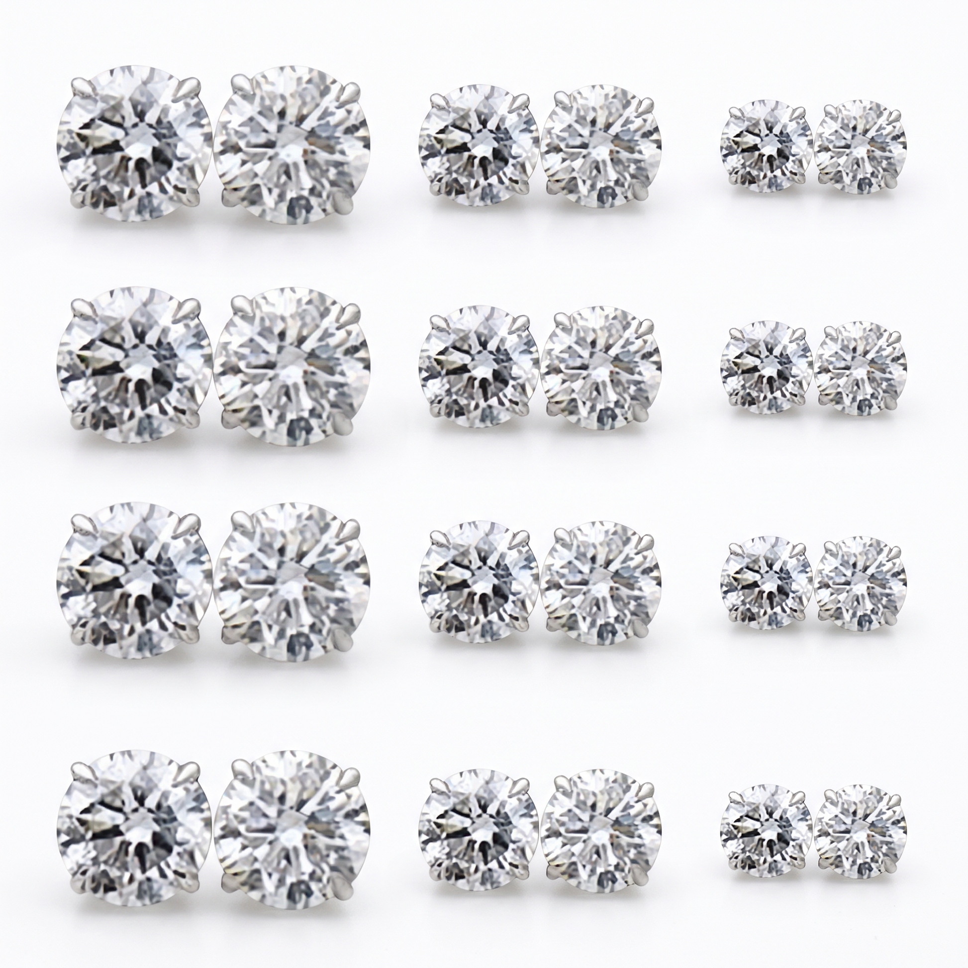 Zircon stud set shown as all twelve pairs by size