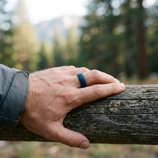 Men's silicone wedding band worn, second angle
