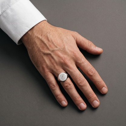 Customized signet ring worn, second angle