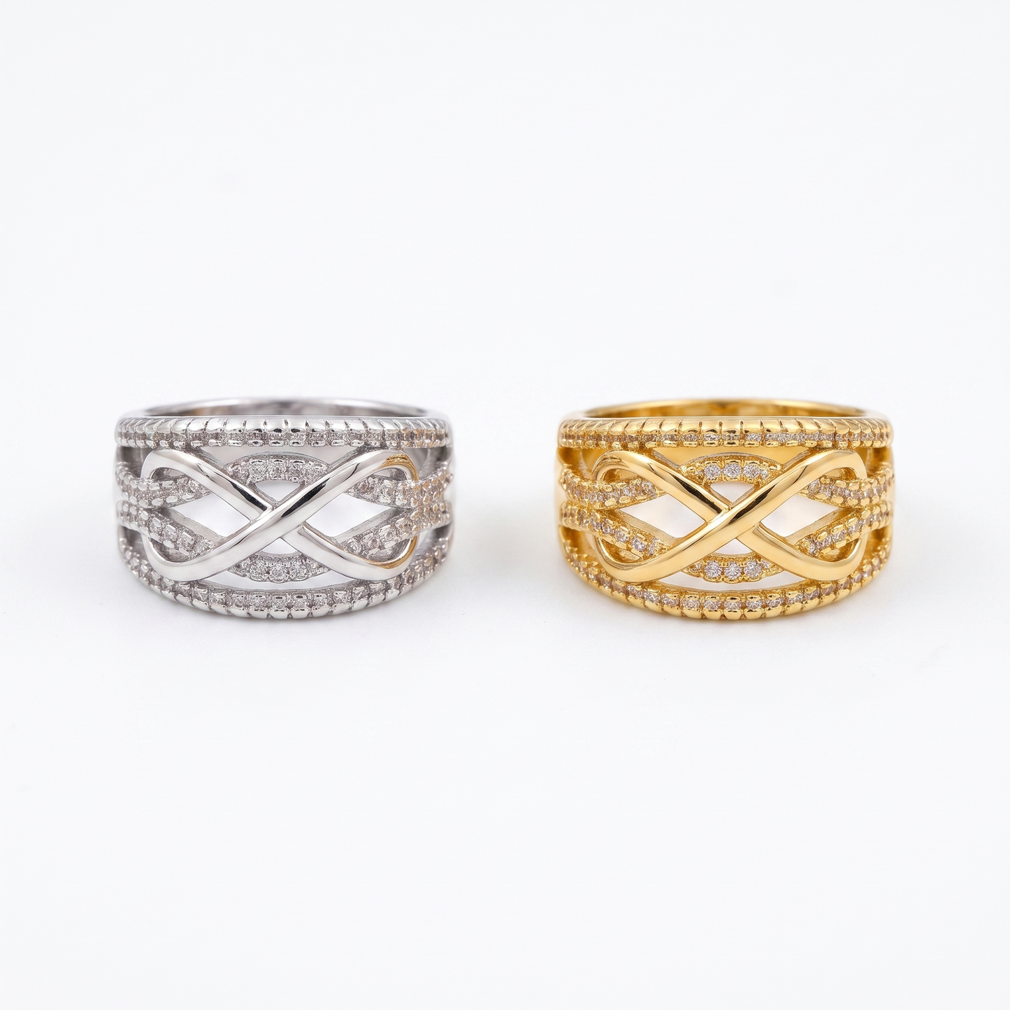Infinity ring shown in silver and gold