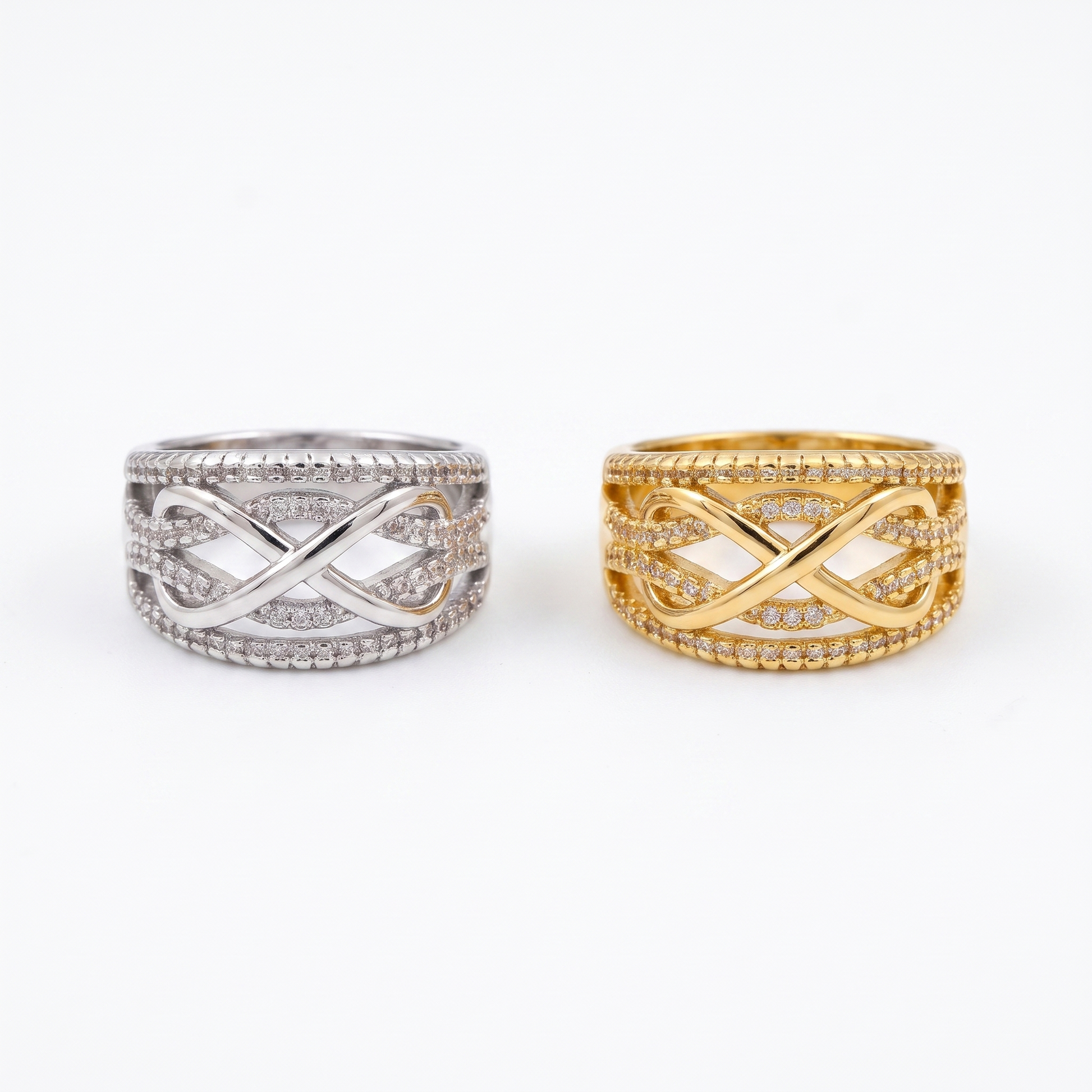 Infinity ring shown in silver and gold
