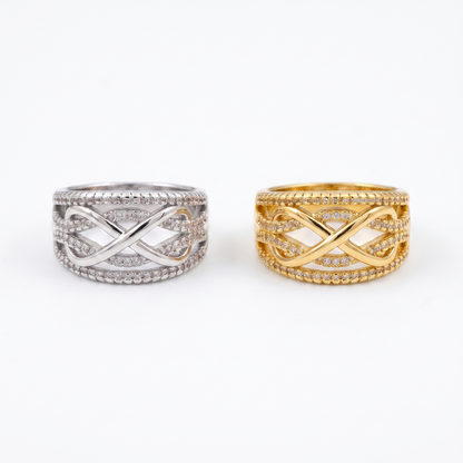 Infinity ring shown in silver and gold