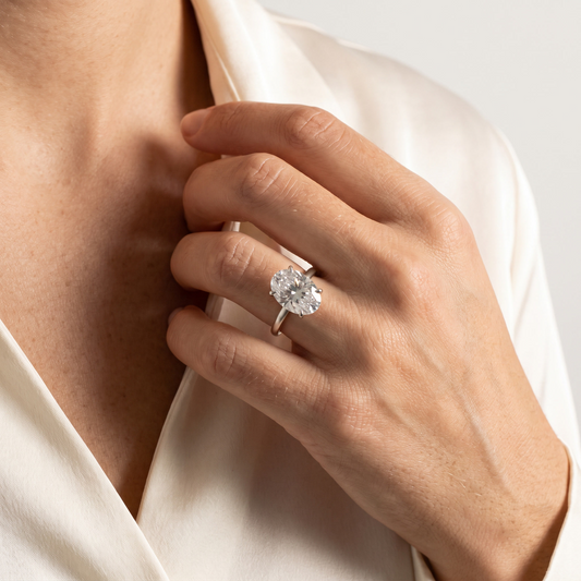 Moissanite oval solitaire ring worn, second angle