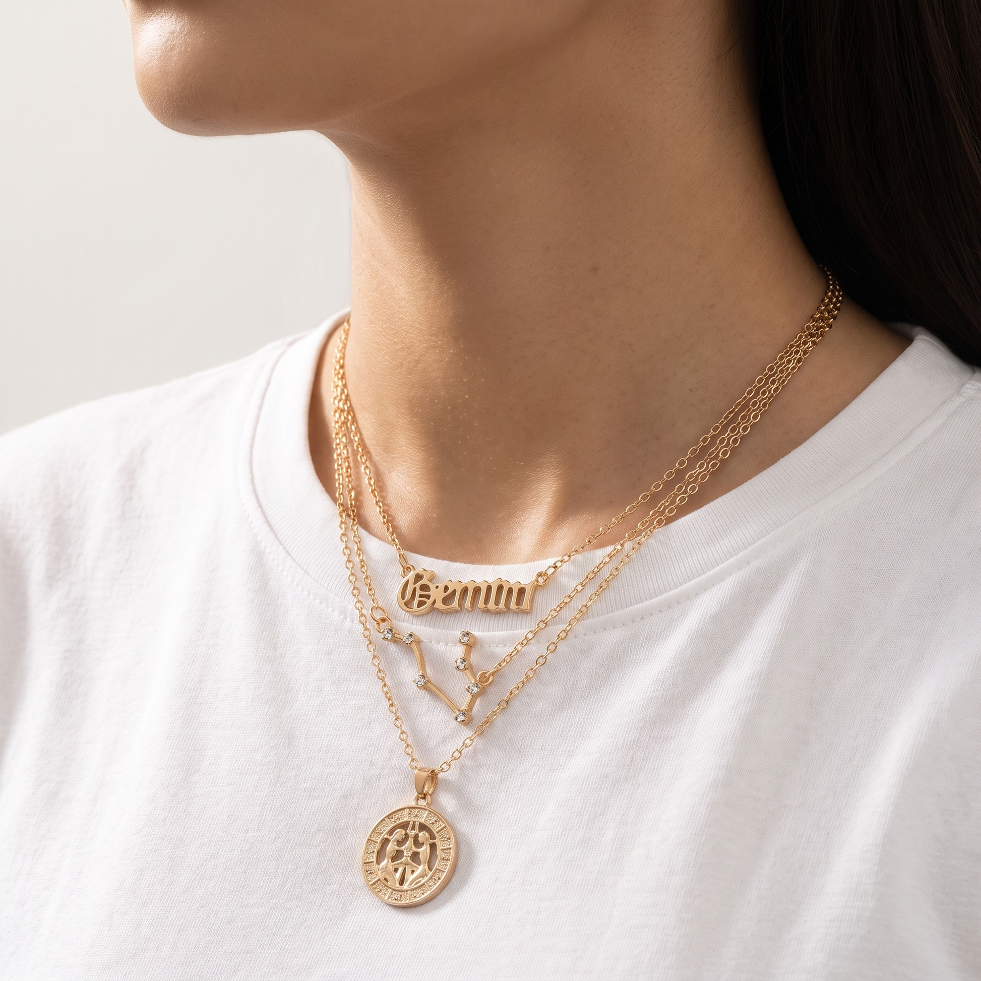 Zodiac constellation necklace set worn, second angle