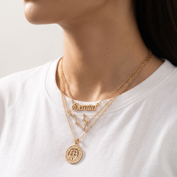 Zodiac constellation necklace set worn, second angle