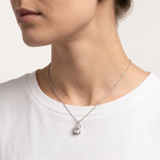 Moissanite solitaire pendant worn, second angle