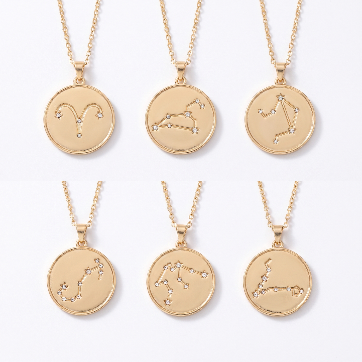 Zodiac necklaces shown in six signs