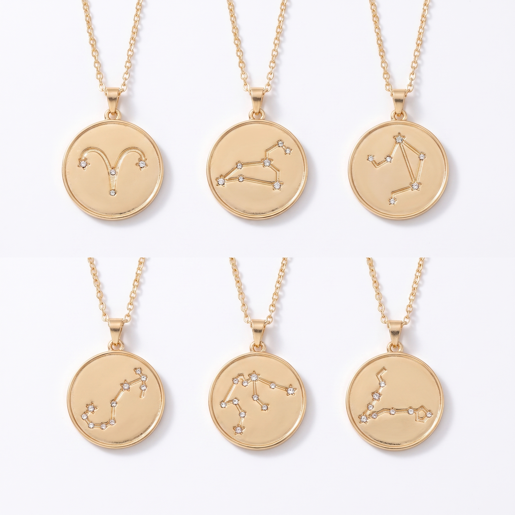 Zodiac necklaces shown in six signs