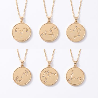 Zodiac necklaces shown in six signs