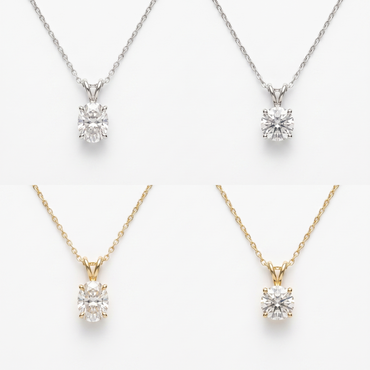 Moissanite pendant shown in oval and round, white and yellow gold
