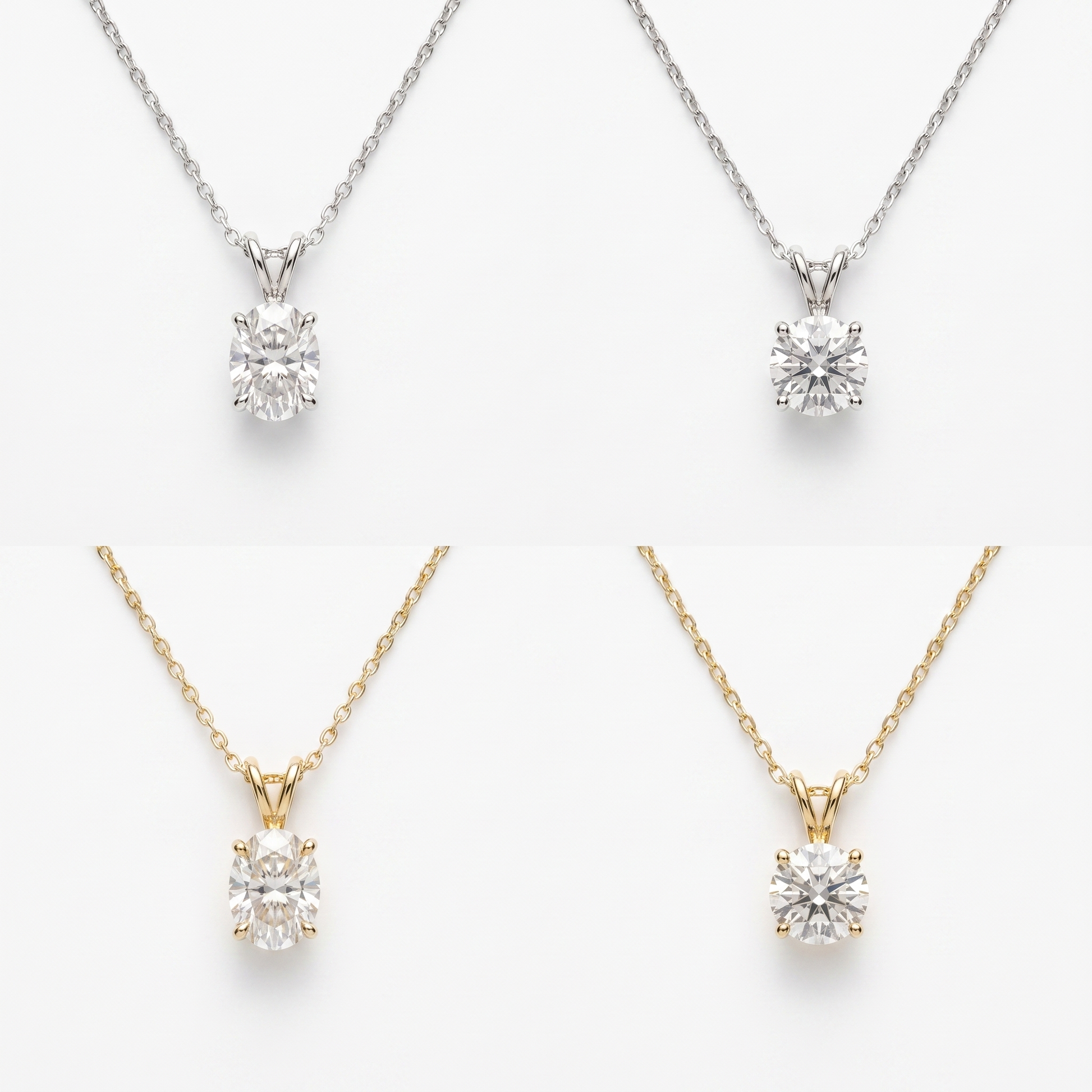 Moissanite pendant shown in oval and round, white and yellow gold