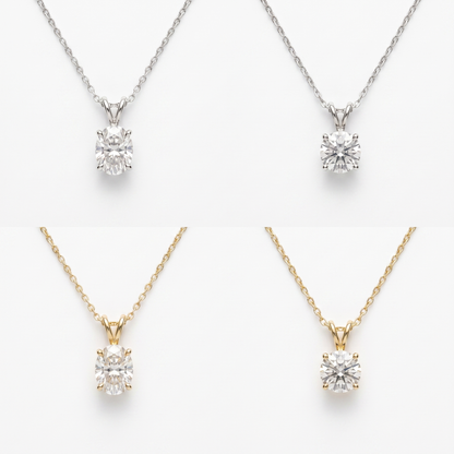 Moissanite pendant shown in oval and round, white and yellow gold