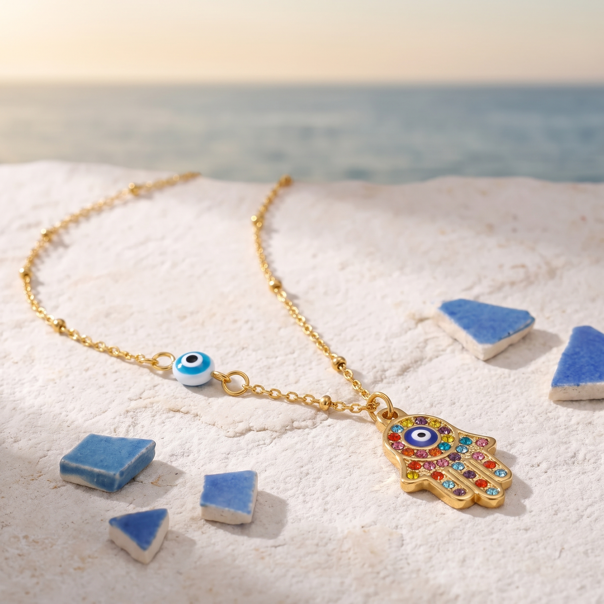 Hamsa evil eye necklace product shot