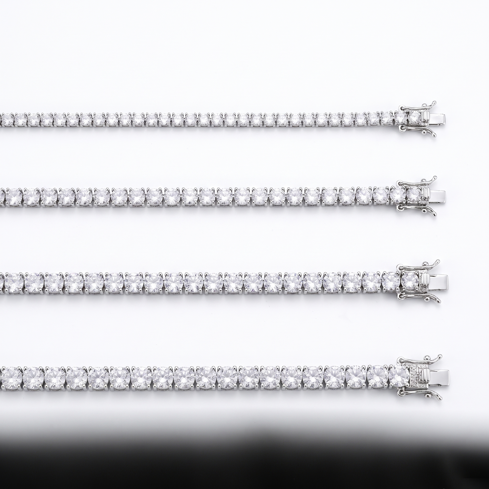 Tennis chain shown in 3mm, 4mm, 5mm, 6mm