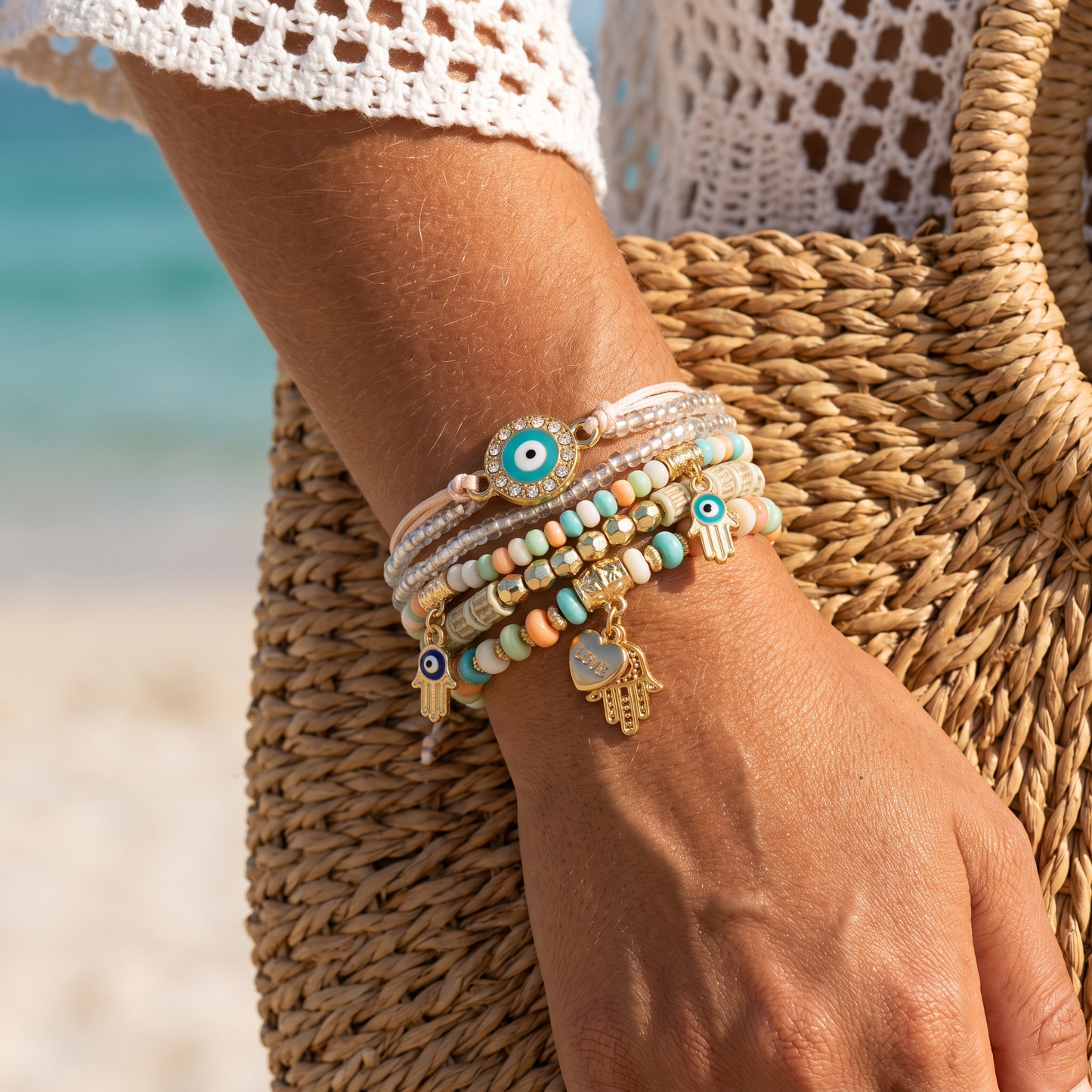 Boho evil eye bracelet set worn, second angle