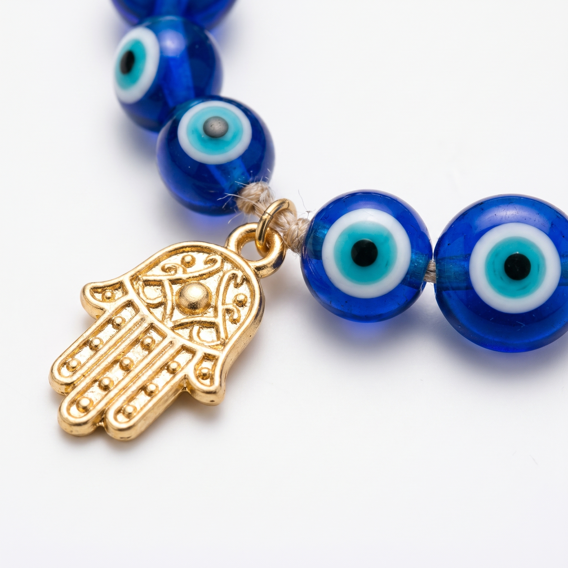 Close-up of hamsa and bead detail